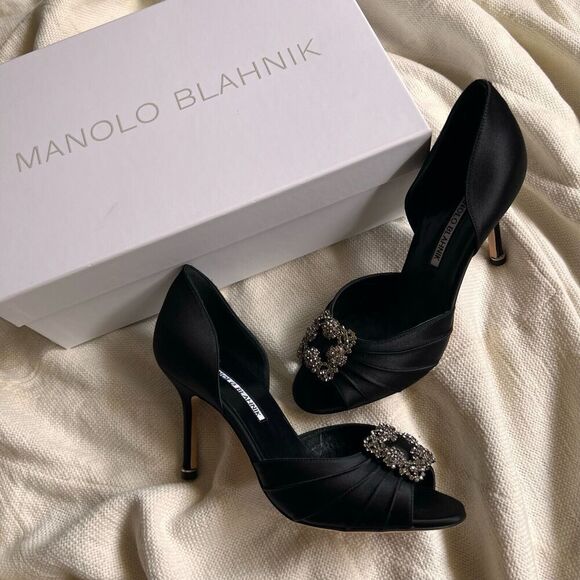 Manolo Blahnik Cassiado d'Orsay Crystal Pump Open Toe 90 mm Black Satin 36 NEW - Picture 1 of 13